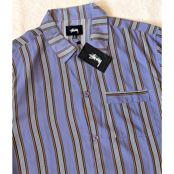 Stussy NWT Cove Striped Long Sleeve Lavender Tencel Button Up Shirt Men's Medium - Picture 1 of 10